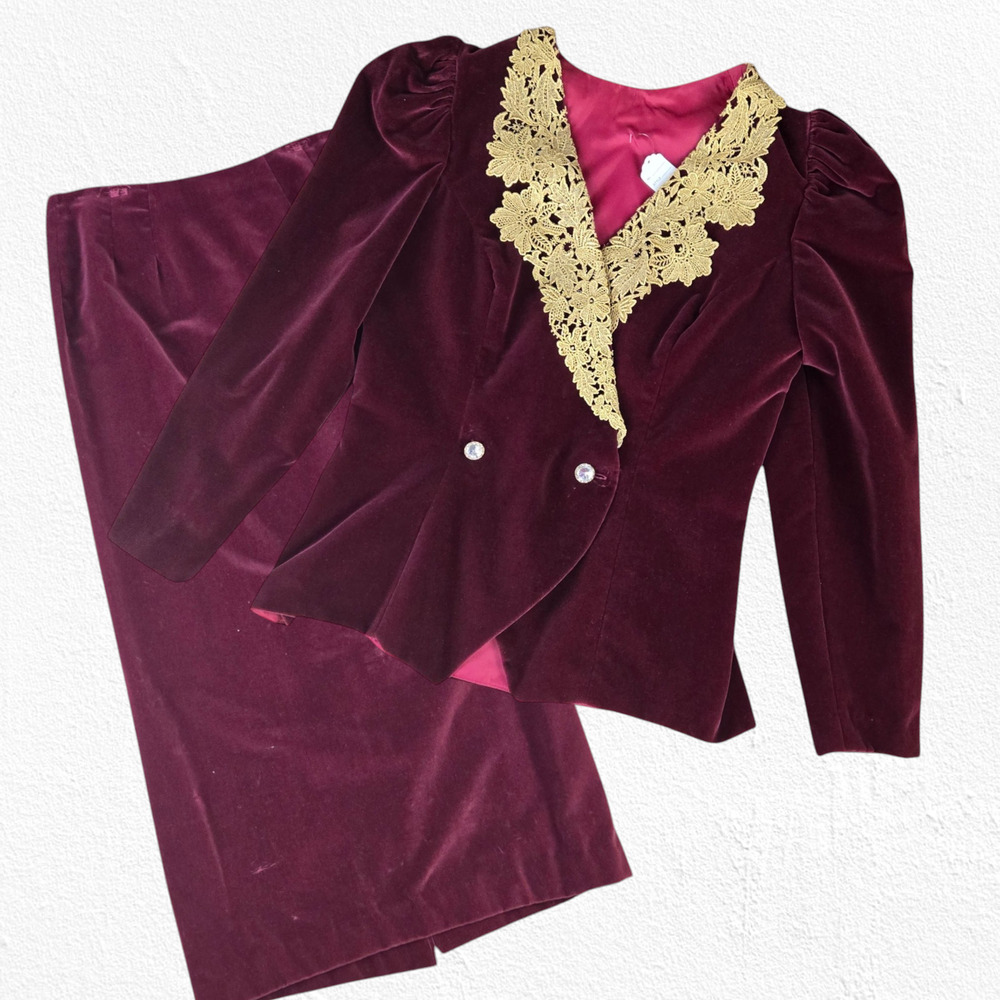 Vintage 80s Burgundy Velvet Gold Lace Trim Power Suit Blazer Skirt Size Medium